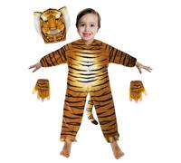 VFM - Tiger Wildlife Costume Age 3-4 Years - All In One Children's 4 Piece Dress Up Safari Fancy Dress Hook and Loop Halloween Outfit With Elasticated Gloves