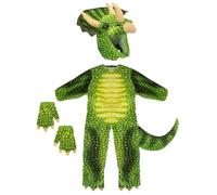 VFM - Triceratops Dinosaur Costume Age 2-3 Years Green - All In One Children's 4 Piece Dress Up Dino Fancy Dress Halloween Outfit With Elasticated Gloves