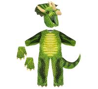 VFM - Triceratops Dinosaur Costume Age 3-4 Years Green - All In One Children's 4 Piece Dress Up Dino Fancy Dress Halloween Outfit With Elasticated Gloves