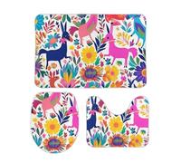 VFMKT 3 Piece Bath Rug Set Non Slip Absorbent Bath Mat Contour Mat with Toilet Lid Cover Mexican Otomi Animals Soft Floor Mats for Bathroom Kitchen Doorway Home Decor