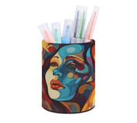 VFMKT Abstract Colored Woman Face Pen Holder Pencil Holder PU Pen Cup Holder Makeup Brush Holder Waterproof Desktop Pen Organizer Pencil Cup for Office Desk Accessories