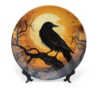 VFMKT Bone China Decorative Plate Crow Ceramic Decorative Plate with Display Stand Ceramic Wall Art Decor for Home Office Wall Decoration 10inch