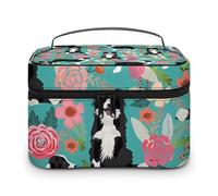 VFMKT Border Collie Florals Makeup Bag Portable Travel Cosmetic Bag Zipper Makeup Organizer Toiletry Bag for Women Ladies, Border Collie Florals, 25x18x15cm