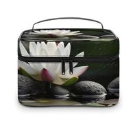 VFMKT Flower And Black Zen Stones Makeup Bag Portable Travel Cosmetic Bag Zipper Makeup Organizer Toiletry Bag for Women Ladies, Flower And Black Zen Stones, 25x18x15cm