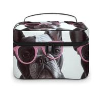 VFMKT French Bulldog Glasses Makeup Bag Portable Travel Cosmetic Bag Zipper Makeup Organizer Toiletry Bag for Women Ladies, French Bulldog Glasses, 25x18x15cm