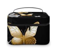 VFMKT Gold White Butterflies Black Makeup Bag Portable Travel Cosmetic Bag Zipper Makeup Organizer Toiletry Bag for Women Ladies, Gold White Butterflies Black, 25x18x15cm