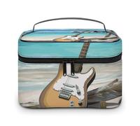 VFMKT Guitar on The Beach Makeup Bag Portable Travel Cosmetic Bag Zipper Makeup Organizer Toiletry Bag for Women Ladies, Guitar on The Beach, 25x18x15cm
