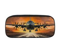 VFMKT Leather Pencil Bag Waterproof Cute Pen Case Travel Cosmetic Makeup Bag Organizer Pen Holder for Men Women,Military Plane Landing On Airforce Runways Against Beautiful DuSky