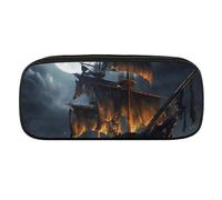 VFMKT Leather Pencil Bag Waterproof Cute Pen Case Travel Cosmetic Makeup Bag Organizer Pen Holder for Men Women,Pirate Sailboat Full Moon