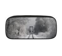 VFMKT Leather Pencil Bag Waterproof Cute Pen Case Travel Cosmetic Makeup Bag Organizer Pen Holder for Men Women,Snowy Train Tracks
