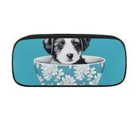 VFMKT Leather Pencil Bag Waterproof Cute Pen Case Travel Cosmetic Makeup Bag Organizer Pen Holder for Men Women,Puppy in Cup