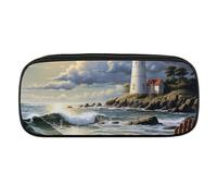 VFMKT Leather Pencil Bag Waterproof Cute Pen Case Travel Cosmetic Makeup Bag Organizer Pen Holder for Men Women,Sea Lighthouse Sandbeach