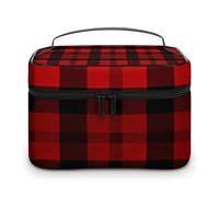 VFMKT Plaid Red And Black Makeup Bag Portable Travel Cosmetic Bag Zipper Makeup Organizer Toiletry Bag for Women Ladies, Plaid Red And Black, 25x18x15cm