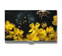 VFMKT Slim Metal Business Card Holder Portable Business Card Case Pocket Name Card Holder Bees Flying over Flowers Wallet for Men Women Office Travel, style, One Size