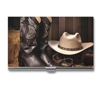 VFMKT Slim Metal Business Card Holder Portable Business Card Case Pocket Name Card Holder Cowboy Black Hat Western Boots Wallet for Men Women Office Travel, style, One Size