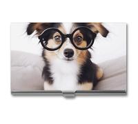 VFMKT Slim Metal Business Card Holder Portable Business Card Case Pocket Name Card Holder Cute Dog with Glasses Wallet for Men Women Office Travel, style, One Size