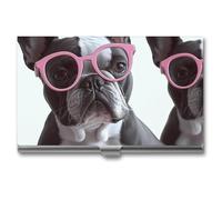 VFMKT Slim Metal Business Card Holder Portable Business Card Case Pocket Name Card Holder French Bulldog Glasses Wallet for Men Women Office Travel