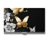 VFMKT Slim Metal Business Card Holder Portable Business Card Case Pocket Name Card Holder Gold White Butterflies Black Wallet for Men Women Office Travel, style, One Size
