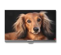 VFMKT Slim Metal Business Card Holder Portable Business Card Case Pocket Name Card Holder Long Haired Dachshund Wallet for Men Women Office Travel