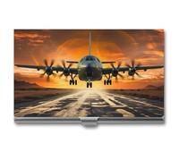 VFMKT Slim Metal Business Card Holder Portable Business Card Case Pocket Name Card Holder Military Plane Landing On Airforce Runways Against Beautiful DuSky Wallet for Men Women Office Travel