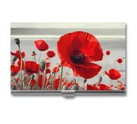 VFMKT Slim Metal Business Card Holder Portable Business Card Case Pocket Name Card Holder Red Poppy Flower Wallet for Men Women Office Travel, style, One Size