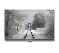 VFMKT Slim Metal Business Card Holder Portable Business Card Case Pocket Name Card Holder Snowy Train Tracks Wallet for Men Women Office Travel