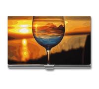 VFMKT Slim Metal Business Card Holder Portable Business Card Case Pocket Name Card Holder Sunset Wine Glass Wallet for Men Women Office Travel
