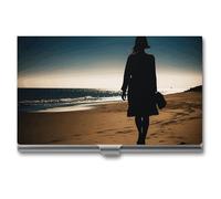 VFMKT Slim Metal Business Card Holder Portable Business Card Case Pocket Name Card Holder Woman Walking on The Beach Wallet for Men Women Office Travel