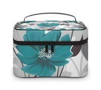 VFMKT Teal Grey And White Floral Makeup Bag Portable Travel Cosmetic Bag Zipper Makeup Organizer Toiletry Bag for Women Ladies, Teal Grey And White Floral, 25x18x15cm