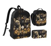 VFMNT Three French Bulldogs Backpack Set 3 PCS - 17 Inch Laptop Backpack with Lunch Bag, Waterproof Daypack Insulated Lunch Box Large Capacity Coin Pouch Personalized Gift