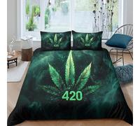 VFQWPYAJN Easy Care 3D Design Microfiber Marijuana leaf Bed Quilt Cover All Season Bedding Set with Pillow Shams Green plant design Duvet Cover Breathable for Teens Adults Super king（260x220cm）