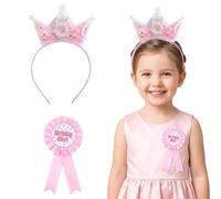 Vfrdsa 5th Birthday Girl Crown Headband & Badge Set No Slip Pink Glitter Headband with Number 5 Glitter Crown and Rosette Pin for Home Parties School Celebrations Photo Shoots and Keepsake
