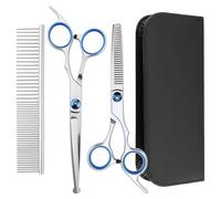 Vfrdsa Dog Grooming Scissors Kit, 4-in-1 Safe Round Tip Curved Dog Grooming Scissor, Thinning Scissor & Stainless Steel Comb Set with Leather Pouch for Dogs Cats Home & Professional Grooming