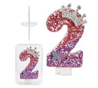 Vfrdsa Number 2 Candle, 2nd Birthday Decorations for Girls, Second Birthday Cake Topper Candles - Glittery Crown Butterfly Sparkling Sequin for Birthday Party, Wedding, Anniversary Celebrations