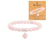 Vfrdsa Rose Quartz Bracelet for Women, 8mm Beaded Pink Bracelet with Heart Pendant, Healing Crystal Stretch Style, Ideal Birthday Xmas Gift for Mum, Girlfriend & Best Friend (Pink -Rose Quartz)