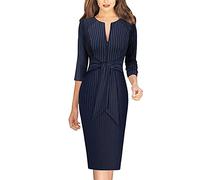 VFSHOW Womens Front Zipper Tie Waist Slim Work Business Office Bodycon Pencil Dress, Dark Blue White Striped, S