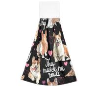 Vftphvr 2 PCs Hanging Kitchen Hand Towel, Decorative Absorbent Tea Bar Bath Hand Towel Hanging Tie Towel with Rope Dishcloth Print Welsh Corgi Dogs Pink Hearts Seamless On Dark