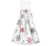 Vftphvr 2 PCs Hanging Kitchen Hand Towel, Decorative Absorbent Tea Bar Bath Hand Towel Hanging Tie Towel with Rope Dishcloth Print Big Snowflakes Red Grey on White