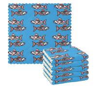Vftphvr 6 PCs Dish Towels, Dish Cloths Absorbent Towels Washcloths Kitchen Cleaning Cloths Lint Free Bar Tea Soft Waffle Towel 11"x11" Print Salmon Fish Native American Style On Blue