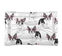 Vftphvr Dog Cat Bed Mat for Small Medium Pets, Soft Crate Pad Mattress Cushion No Slip Sleeping Kennel Mat Washable & Dry 36x24 inch Print French Bulldog with Pink Glasses On White