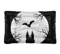 Vftphvr Dog Cat Bed Mat for Small Medium Pets, Soft Crate Pad Mattress Cushion No Slip Sleeping Kennel Mat Washable & Dry 36x24 inch Print Halloween Bat Castle House Moon Trees Black White