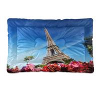 Vftphvr Dog Cat Bed Mat for Small Medium Pets, Soft Crate Pad Mattress Cushion No Slip Sleeping Kennel Mat Washable & Dry 36x24 inch Print Paris Eiffel Tower Blue Sky Pink Flowers
