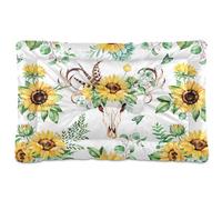 Vftphvr Dog Cat Bed Mat for Small Medium Pets, Soft Crate Pad Mattress Cushion No Slip Sleeping Kennel Mat Washable & Dry 24x18 inch Print Boho Bull Skull with Feathers Yellow Sunflowers Leaves