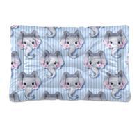 Vftphvr Dog Cat Bed Mat for Small Medium Pets, Soft Crate Pad Mattress Cushion No Slip Sleeping Kennel Mat Washable & Dry 36x24 inch Print Cartoon Grey Elephant Heads Seamless On Blue Stripes