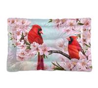 Vftphvr Dog Cat Bed Mat for Small Medium Pets, Soft Crate Pad Mattress Cushion No Slip Sleeping Kennel Mat Washable & Dry 36x24 inch Print Red Cardinal Bird on Branch Almonds Blossom Flowers