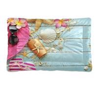 Vftphvr Dog Cat Bed Mat for Small Medium Pets, Soft Crate Pad Mattress Cushion No Slip Sleeping Kennel Mat Washable & Dry 24x18 inch Print Pink Straw Hat Sunglasses Starfish Seashells On Wood