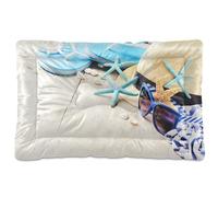 Vftphvr Dog Cat Bed Mat for Small Medium Pets, Soft Crate Pad Mattress Cushion No Slip Sleeping Kennel Mat Washable & Dry 24x18 inch Print Straw Hat Flip Flops Starfishes Sunglasses On Wood