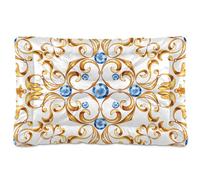 Vftphvr Dog Cat Bed Mat for Small Medium Pets, Soft Crate Pad Mattress Cushion No Slip Sleeping Kennel Mat Washable & Dry 24x18 inch Print Seamless Baroque Golden Leaves Blue Gems On White