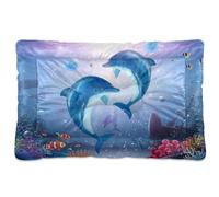 Vftphvr Dog Cat Bed Mat for Small Medium Pets, Soft Crate Pad Mattress Cushion No Slip Sleeping Kennel Mat Washable & Dry 36x24 inch Print Cute Dolphins Family Swim Play Undersea World