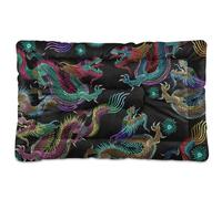 Vftphvr Dog Cat Bed Mat for Small Medium Pets, Soft Crate Pad Mattress Cushion No Slip Sleeping Kennel Mat Washable & Dry 36x24 inch Print Embroidery Chinese Dragons Colorful Seamless On Black